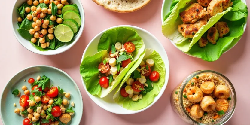 Assorted bread-free lunch ideas including salads, lettuce wraps, rice paper rolls, quinoa bowls, and a mason jar salad on a bright table.