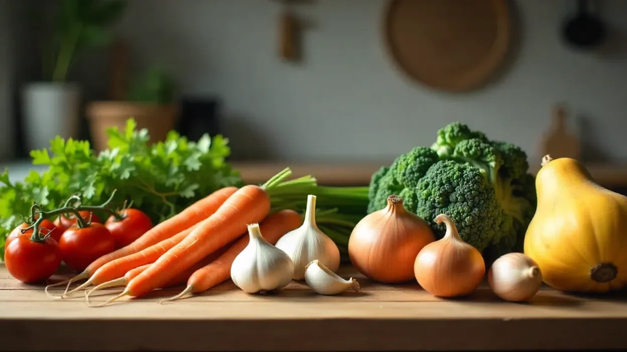 Assorted budget-friendly vegetables including carrots, garlic, onions, kale, winter squash, and canned tomatoes on a rustic wooden table.