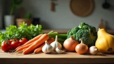 Assorted budget-friendly vegetables including carrots, garlic, onions, kale, winter squash, and canned tomatoes on a rustic wooden table.