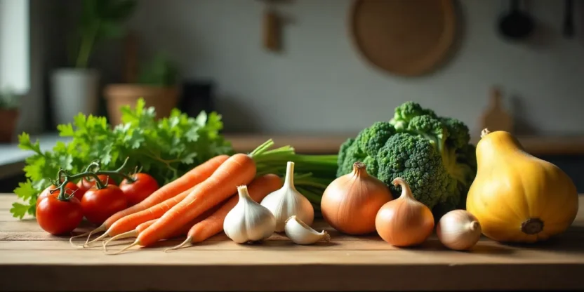 Assorted budget-friendly vegetables including carrots, garlic, onions, kale, winter squash, and canned tomatoes on a rustic wooden table.