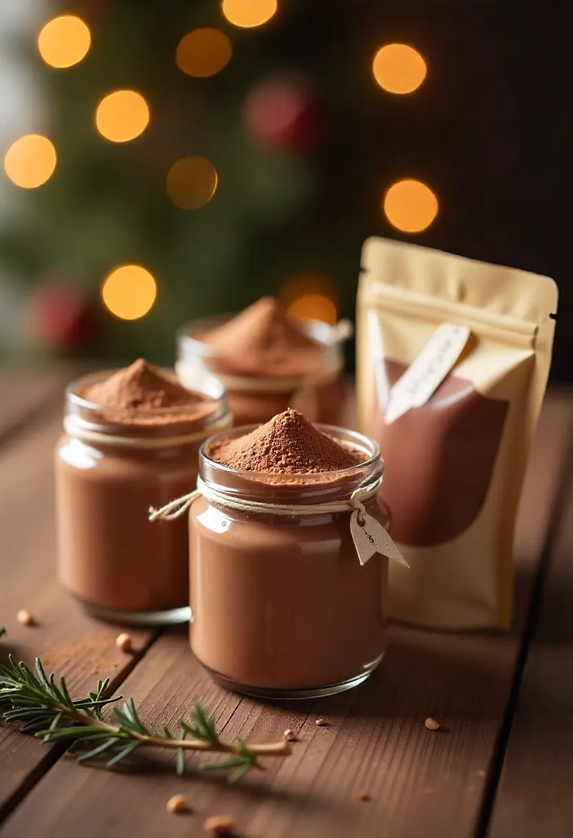 Multiple small jars of homemade hot chocolate mix decorated with ribbons and labels, prepared in bulk for easy sharing and gifting.