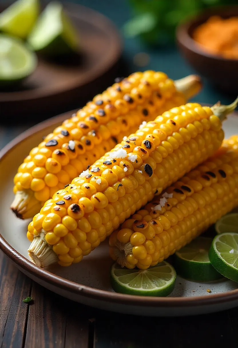Grilled corn on the cob served with melted butter, flaky salt, and optional toppings like lime, cheese, and chili powder.
