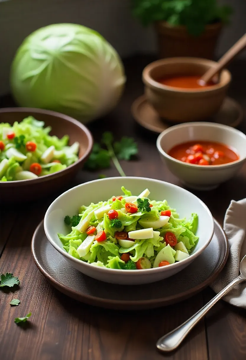 A variety of finished cabbage dishes on a wooden table, surrounded by raw cabbage and kitchen tools in a cozy, natural-light setting.