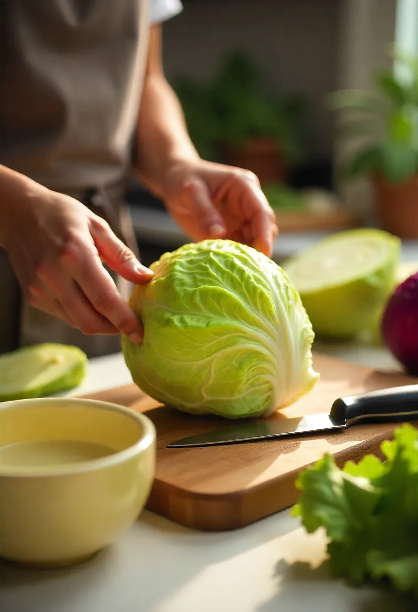 Fresh cabbage being cleaned and chopped on a kitchen counter with various cabbage types and a bowl of water for rinsing.