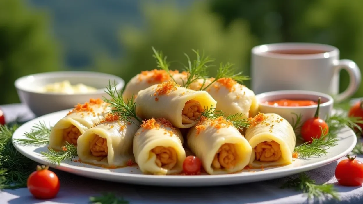Plate of homemade cabbage rolls with tomato sauce and fresh parsley, surrounded by fresh ingredients.