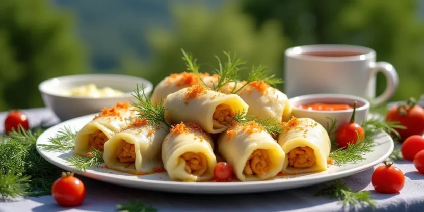 Plate of homemade cabbage rolls with tomato sauce and fresh parsley, surrounded by fresh ingredients.