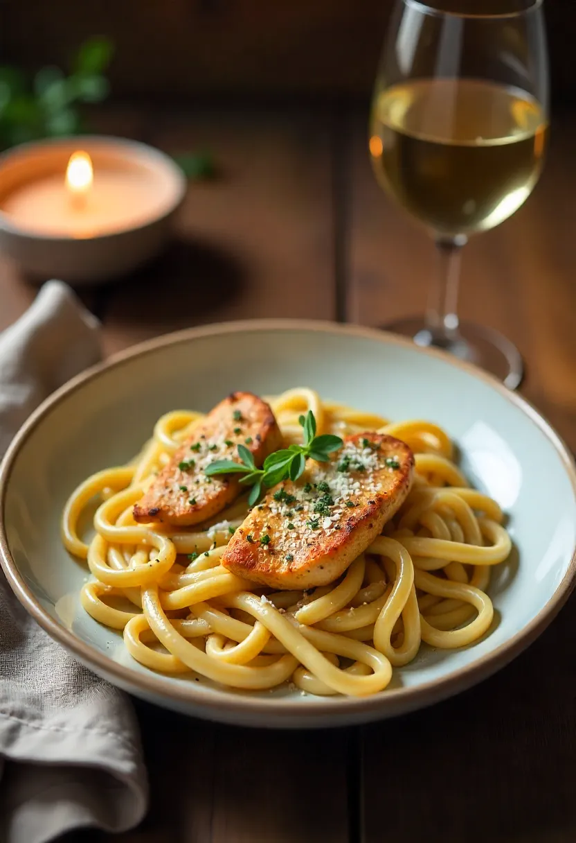 Creamy Cajun Fettuccine Alfredo topped with spicy chicken, herbs, and Parmesan in a romantic candlelit dinner setting.