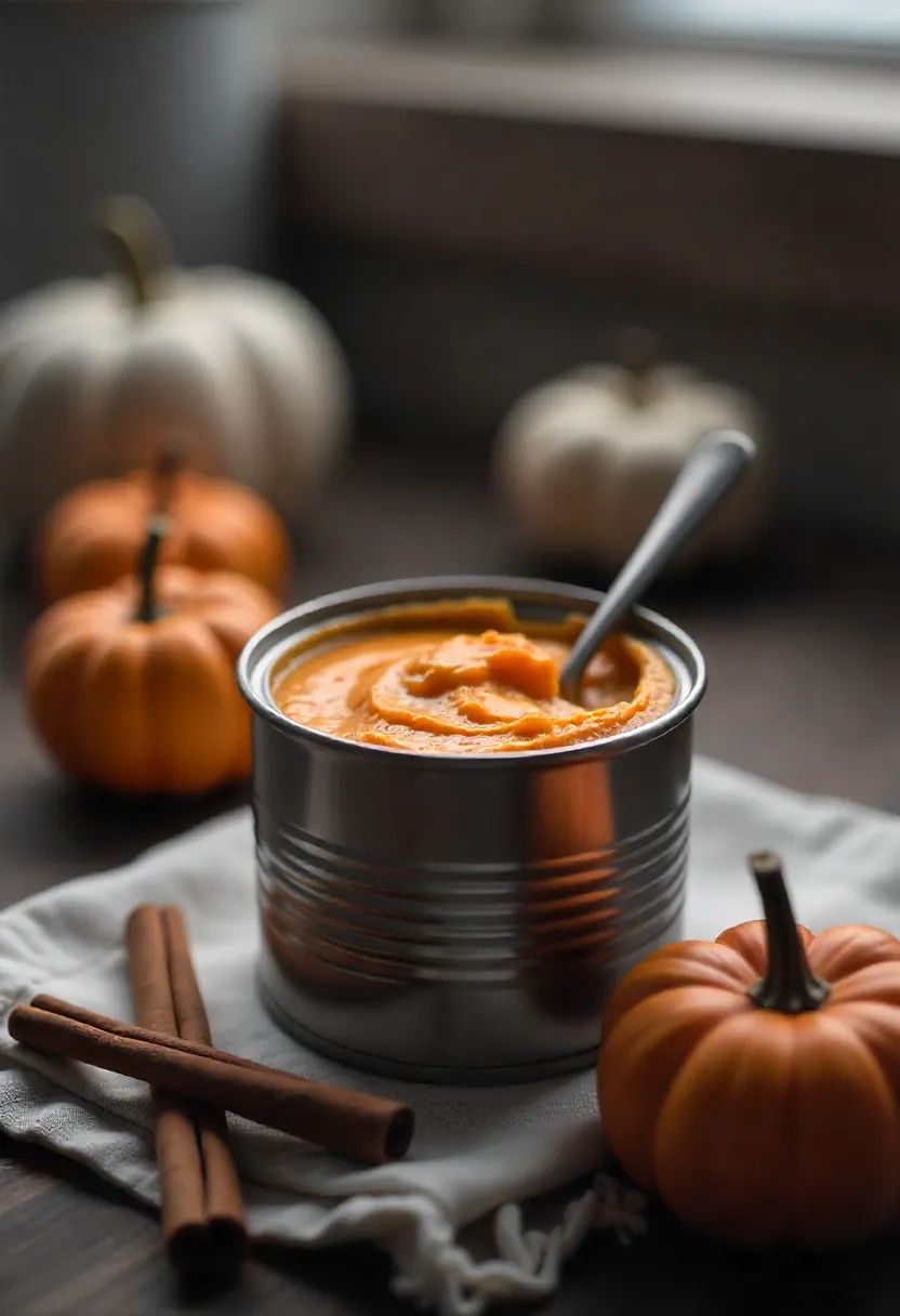 Open can of pumpkin puree with pumpkins and cinnamon sticks on a rustic table.