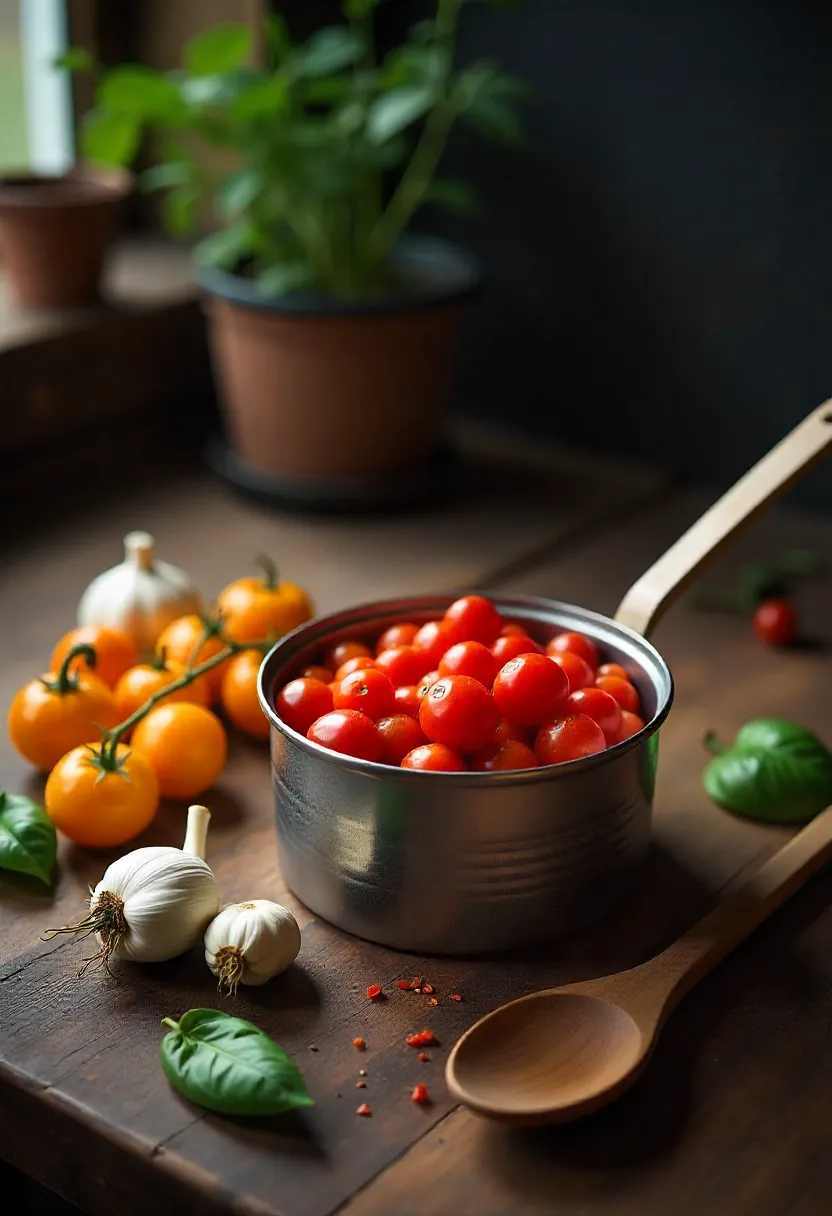 Open can of diced tomatoes with fresh tomatoes, basil, and garlic on a rustic table.