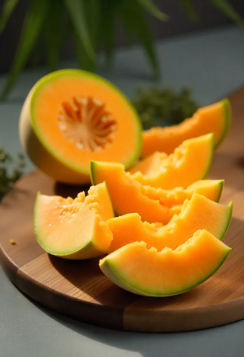 Sliced cantaloupe wedges and cubes on a wooden board with a halved melon showing seeds.