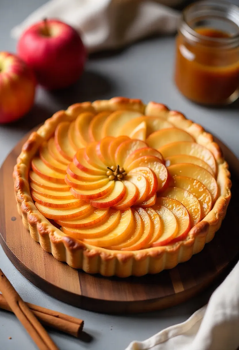 Caramel apple tart with glossy sliced apples and caramel drizzle on a rustic board, surrounded by apples and cinnamon sticks.
