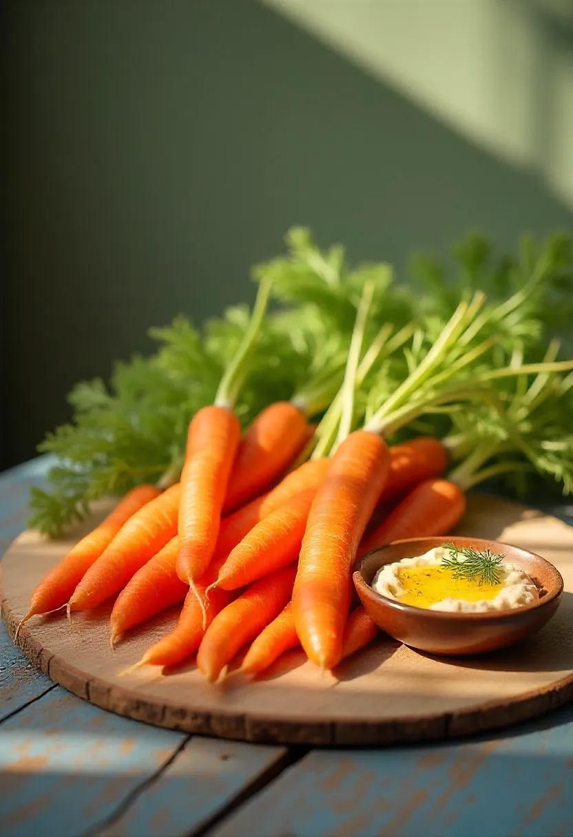 Fresh whole and sliced carrots with green tops on a wooden table, served with hummus.