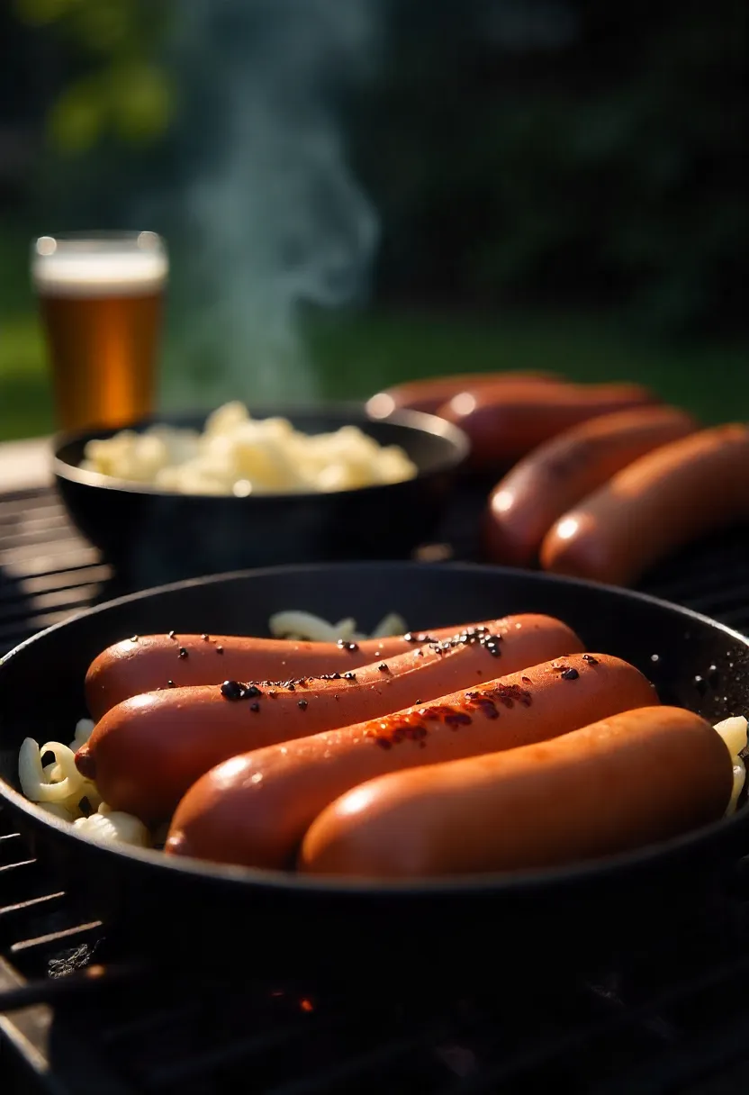 Realistic photo of natural-casing hot dogs simmering in beer and onions in a cast iron skillet, then finished with a char on the grill.