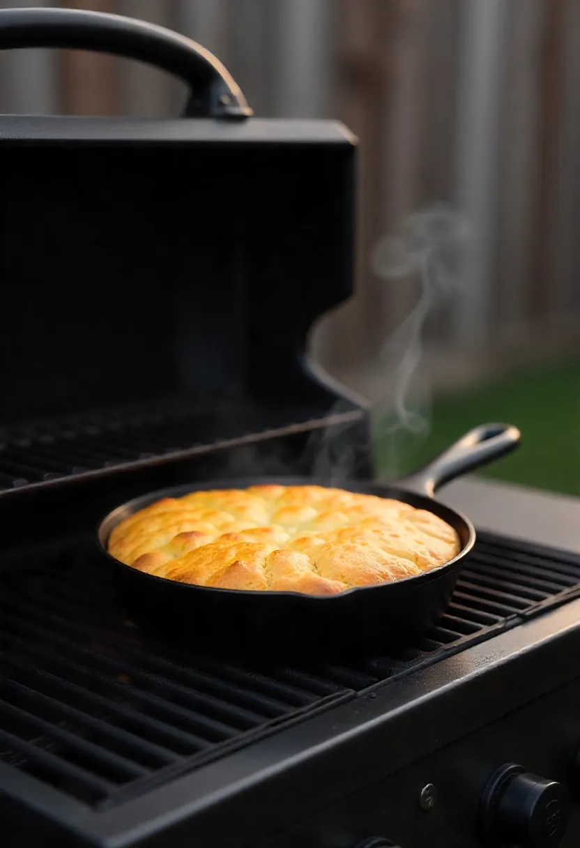 Realistic photo of a cast iron skillet with cornbread baking on a covered grill, showing even heat and smoky flavor.