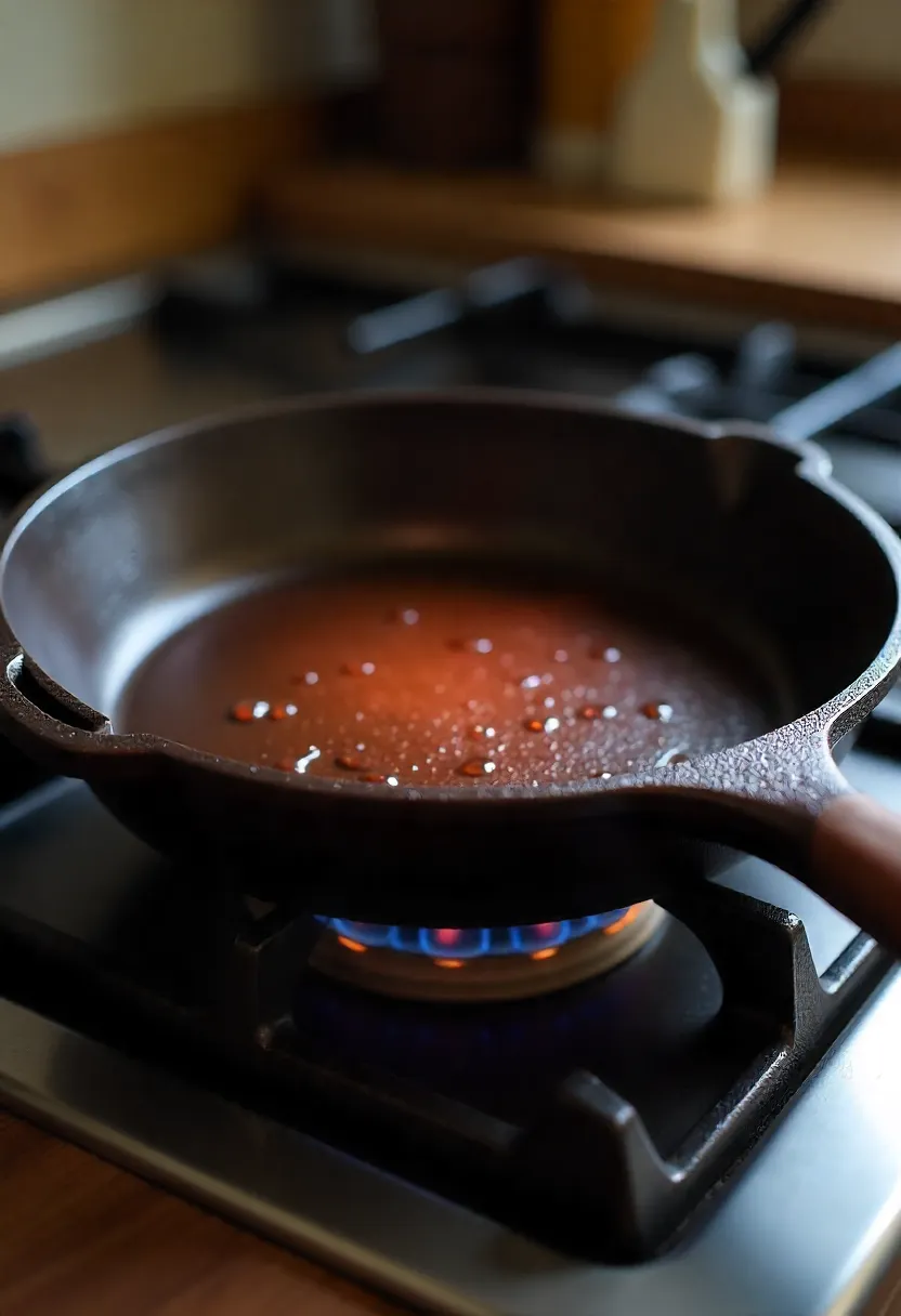 Realistic photo of a cast iron skillet heating unevenly on a stovetop, showing hot center and cooler edges.