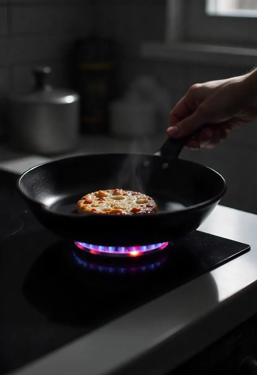 Realistic photo of a cast iron skillet fully preheated on a burner, showing heat before oil and food are added.