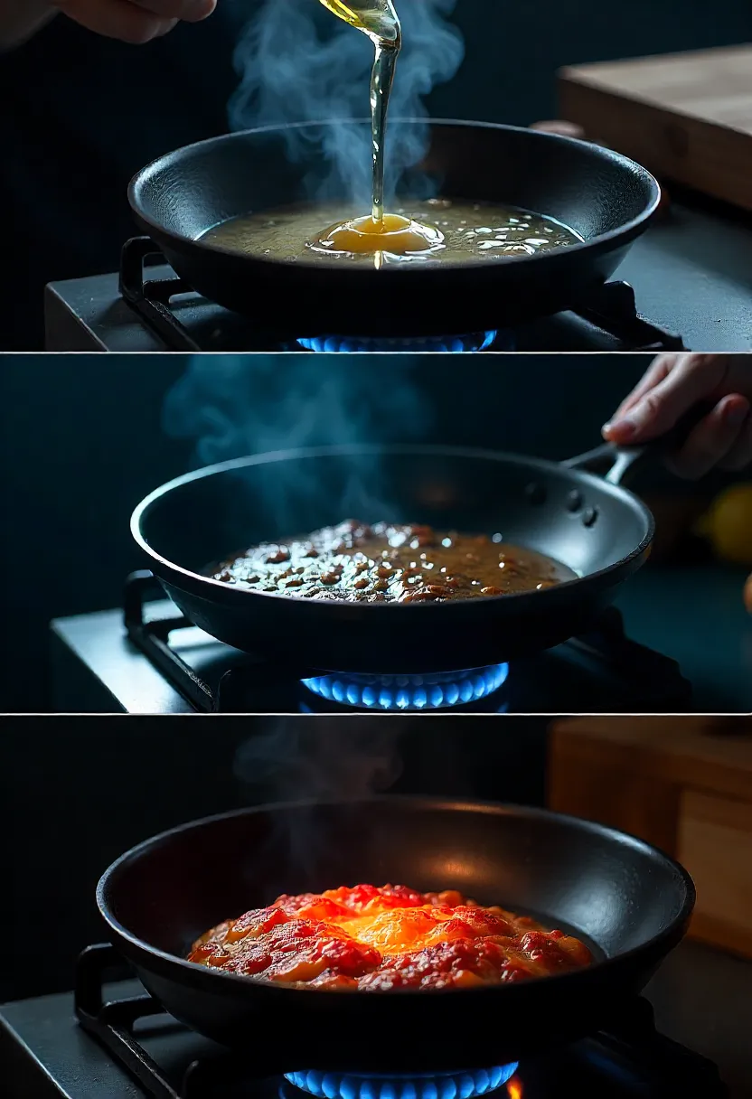 Realistic photo collage showing common cast iron preheating mistakes: adding oil too early, using the wrong burner size, and overheating the skillet.