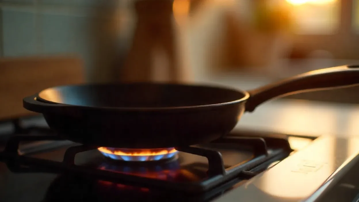 Realistic photo of a cast iron skillet preheating empty on a stovetop burner before cooking.