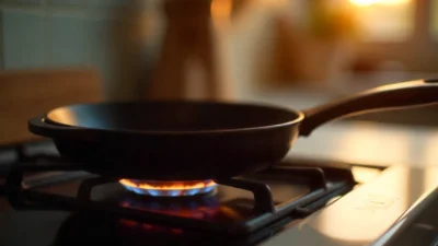 Realistic photo of a cast iron skillet preheating empty on a stovetop burner before cooking.