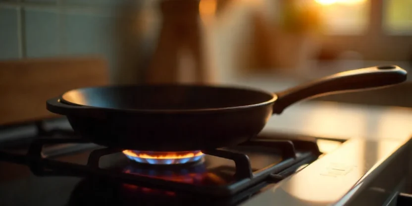 Realistic photo of a cast iron skillet preheating empty on a stovetop burner before cooking.