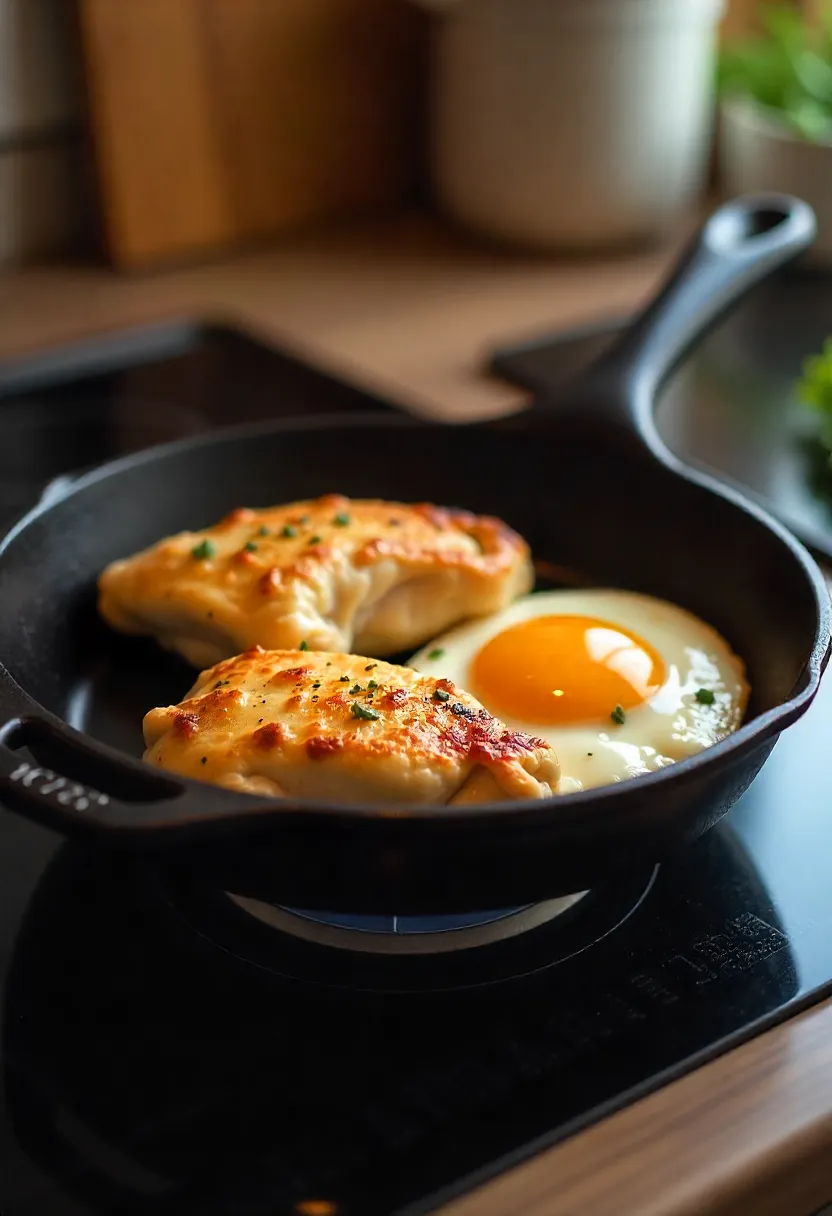 Realistic photo of a cast iron skillet cooking food perfectly—crispy chicken or eggs sliding cleanly—thanks to proper preheating.