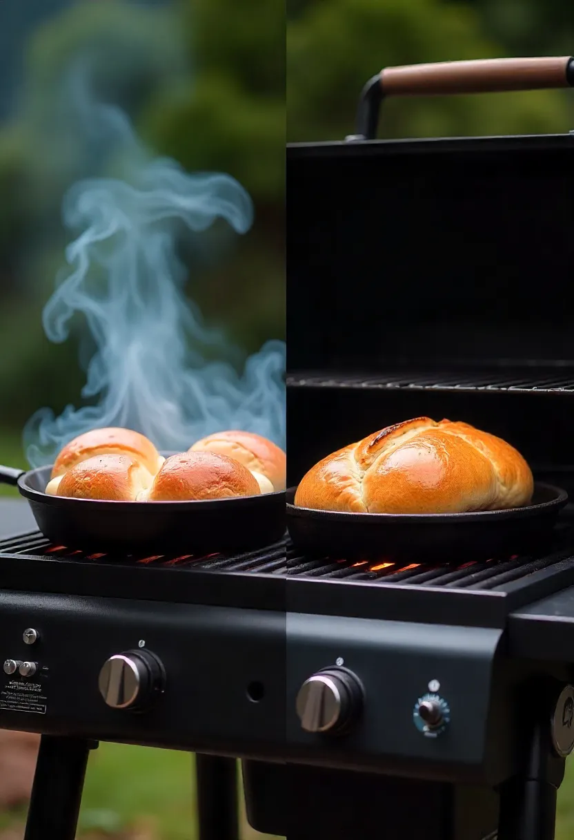 Realistic photo comparing baking bread on a smoky charcoal grill versus a steady heat gas grill.