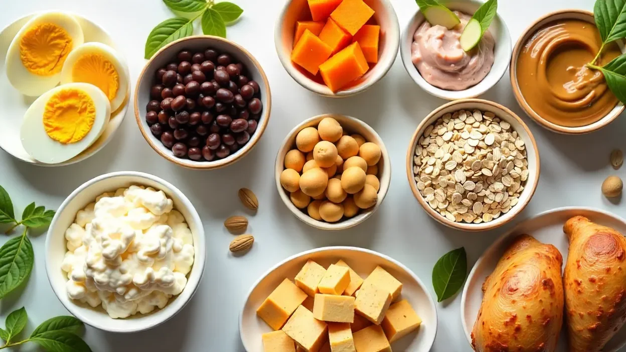 Flat lay of cheap high-protein foods like eggs, chicken, beans, tofu, oats, and tuna, all displayed on a kitchen counter