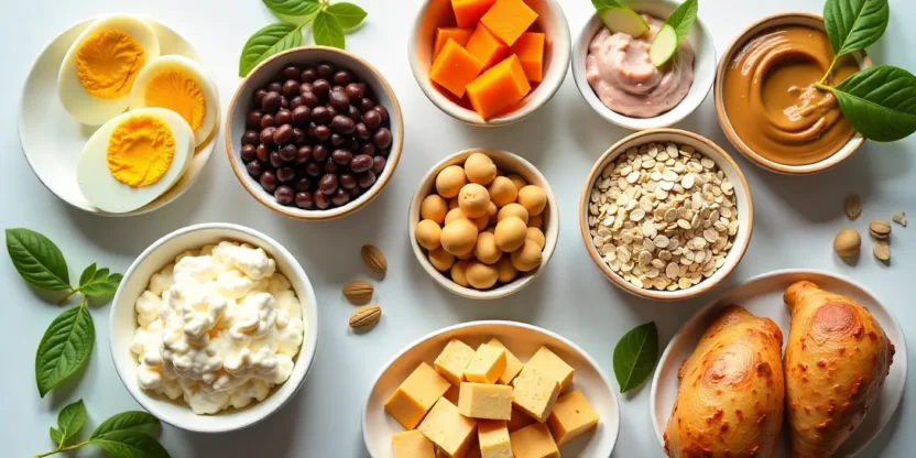 Flat lay of cheap high-protein foods like eggs, chicken, beans, tofu, oats, and tuna, all displayed on a kitchen counter