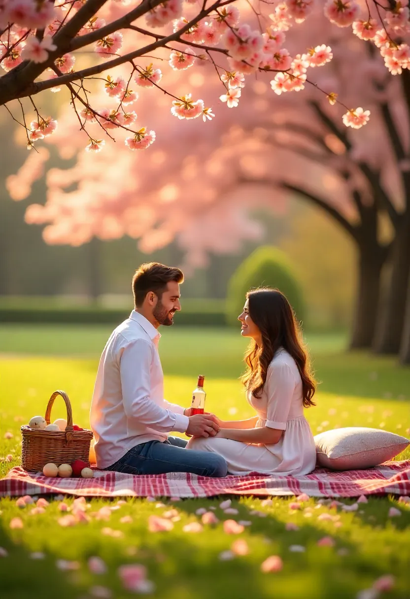 Romantic picnic under blooming cherry blossoms with blanket, pillows, and basket surrounded by falling petals.