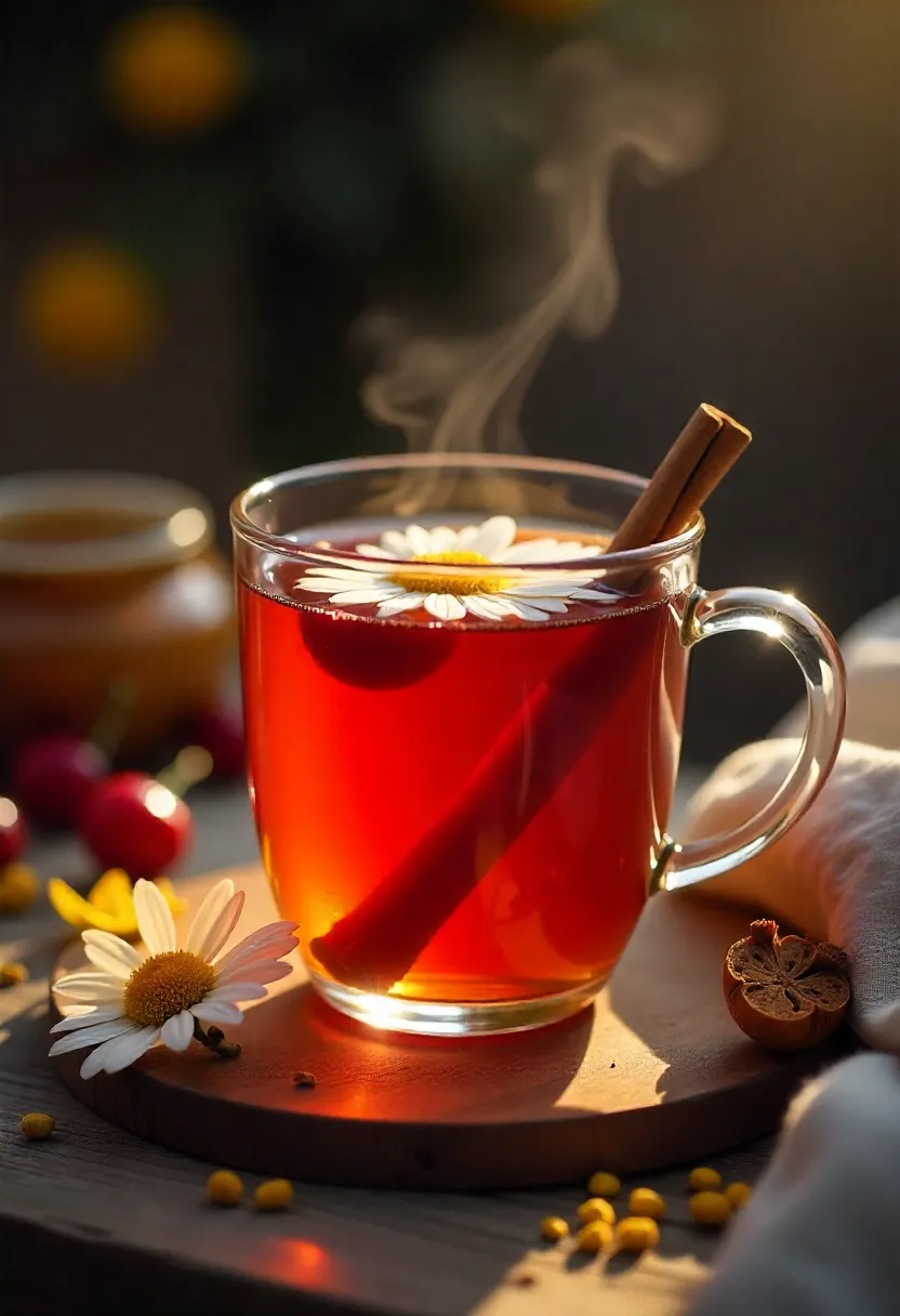 Cherry turmeric bedtime tea in a clear glass mug with cinnamon and chamomile, surrounded by cherries and turmeric on a wooden table