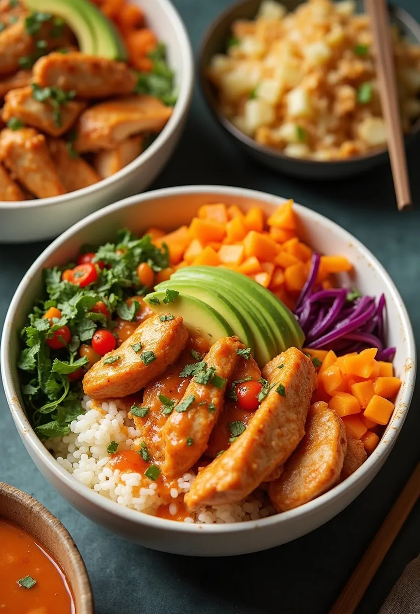 Spicy chicken sushi bowl with rice, colorful toppings, and creamy sauces, ready to serve.