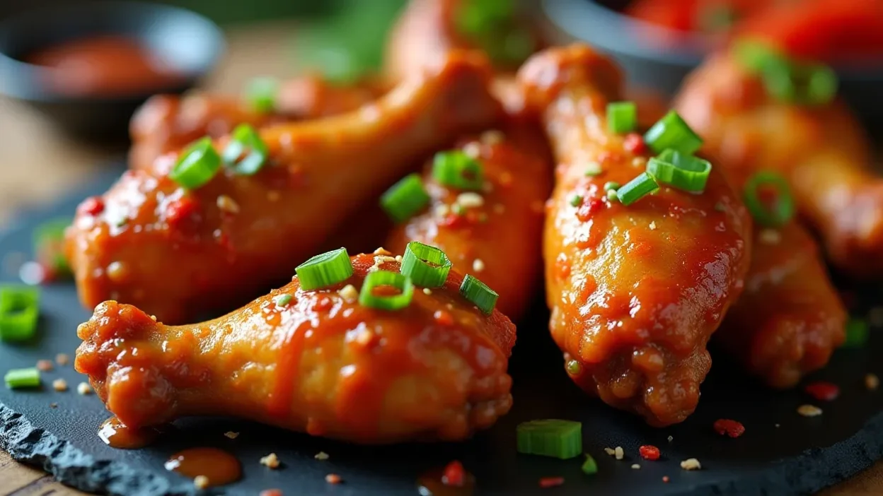 A colorful platter of spicy chicken wings with sauces, herbs, and fresh garnishes on a rustic table.