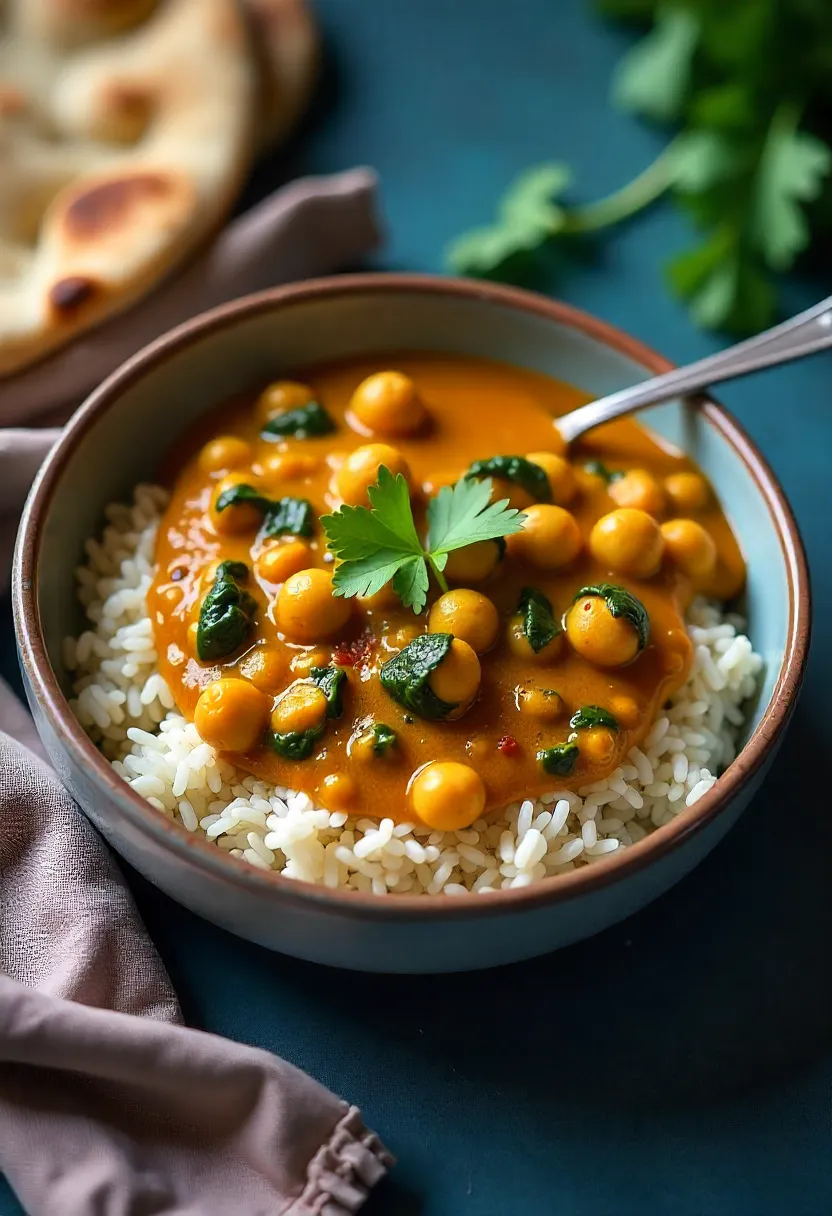 Bowl of chickpea and spinach curry with rice, garnished with cilantro, served with naan bread.
