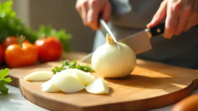 Chilled onion being sliced on a cutting board in a bright kitchen without causing tears.