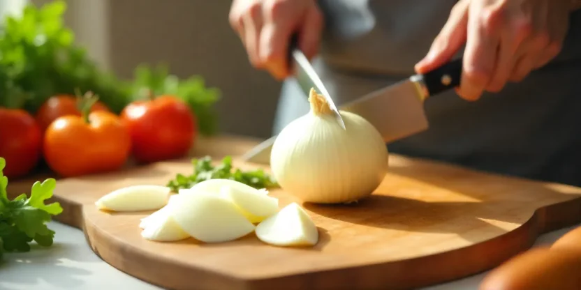 Chilled onion being sliced on a cutting board in a bright kitchen without causing tears.