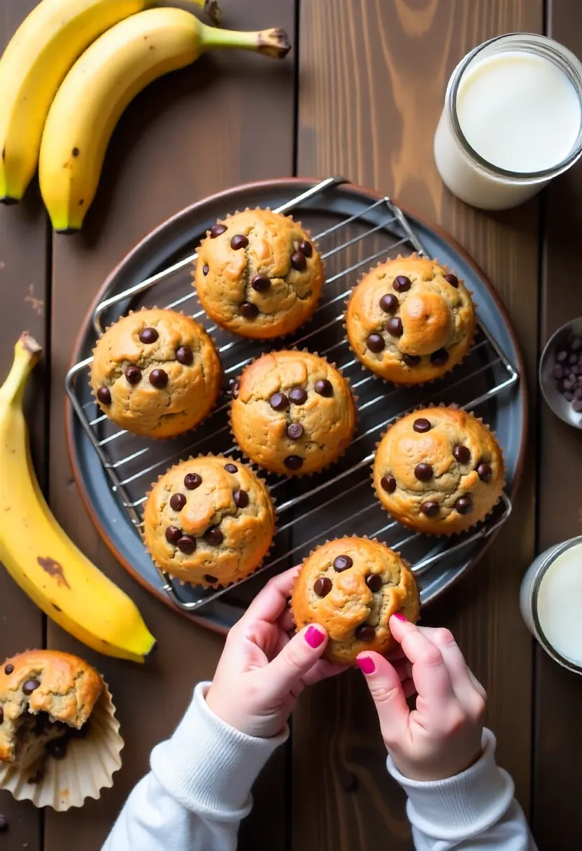 Freshly baked chocolate chip banana muffins on a wooden table with bananas, chocolate chips, and kids’ hands reaching for a snack.