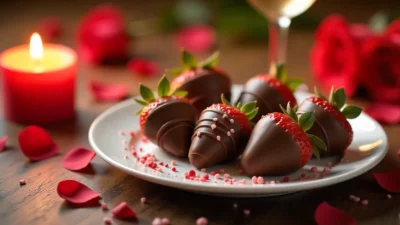 Romantic chocolate-covered strawberries with sprinkles and drizzles on a white plate, surrounded by rose petals and champagne for Valentine’s Day.