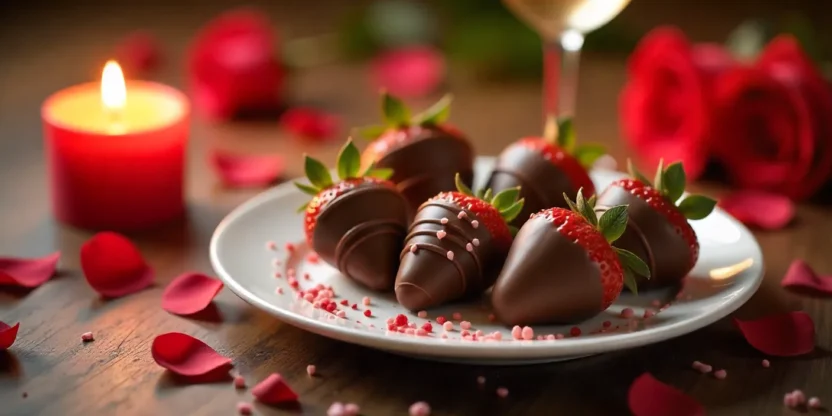 Romantic chocolate-covered strawberries with sprinkles and drizzles on a white plate, surrounded by rose petals and champagne for Valentine’s Day.