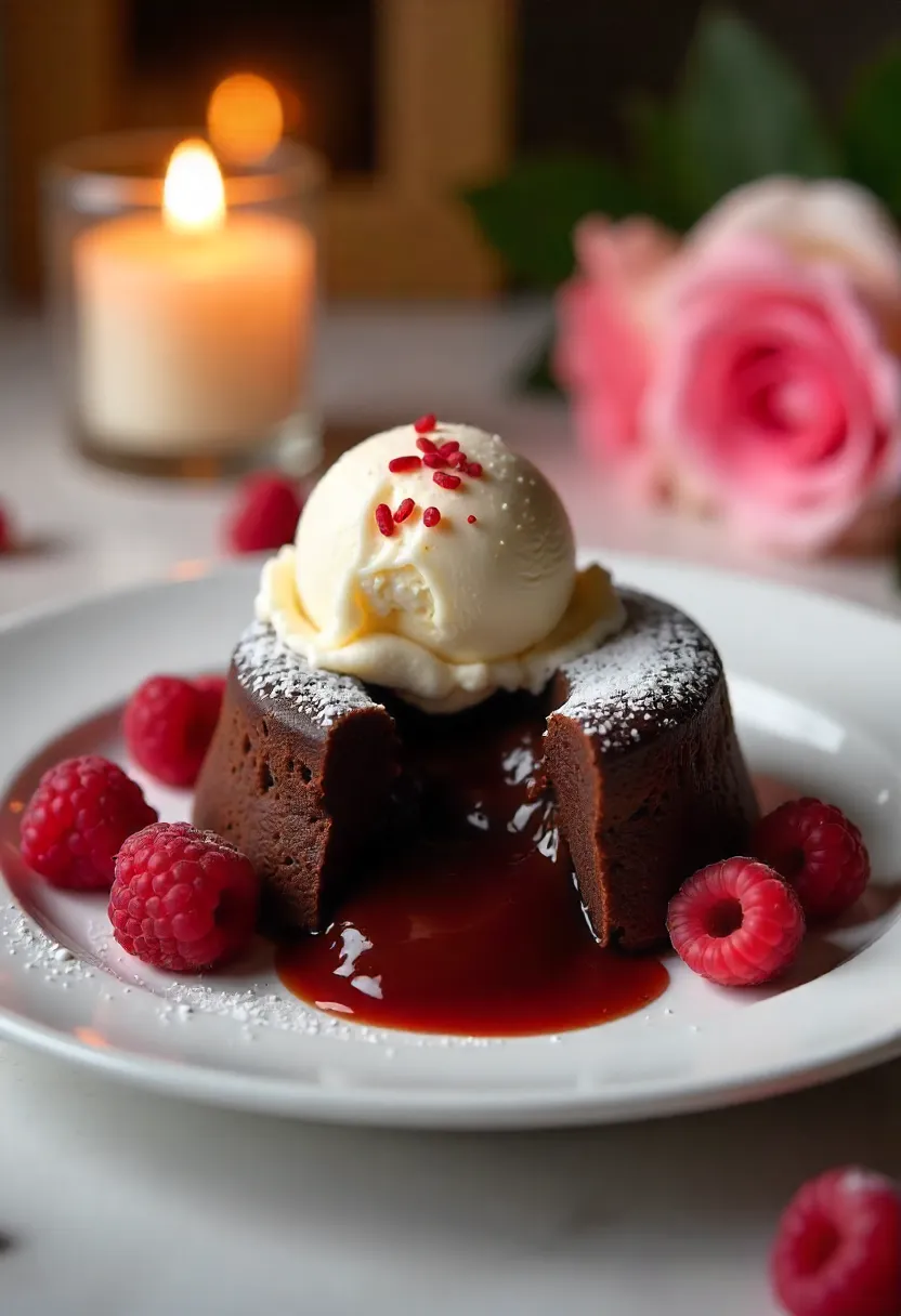 Chocolate lava cake with molten center, served with vanilla ice cream, raspberries, and powdered sugar for a romantic Valentine’s dessert.