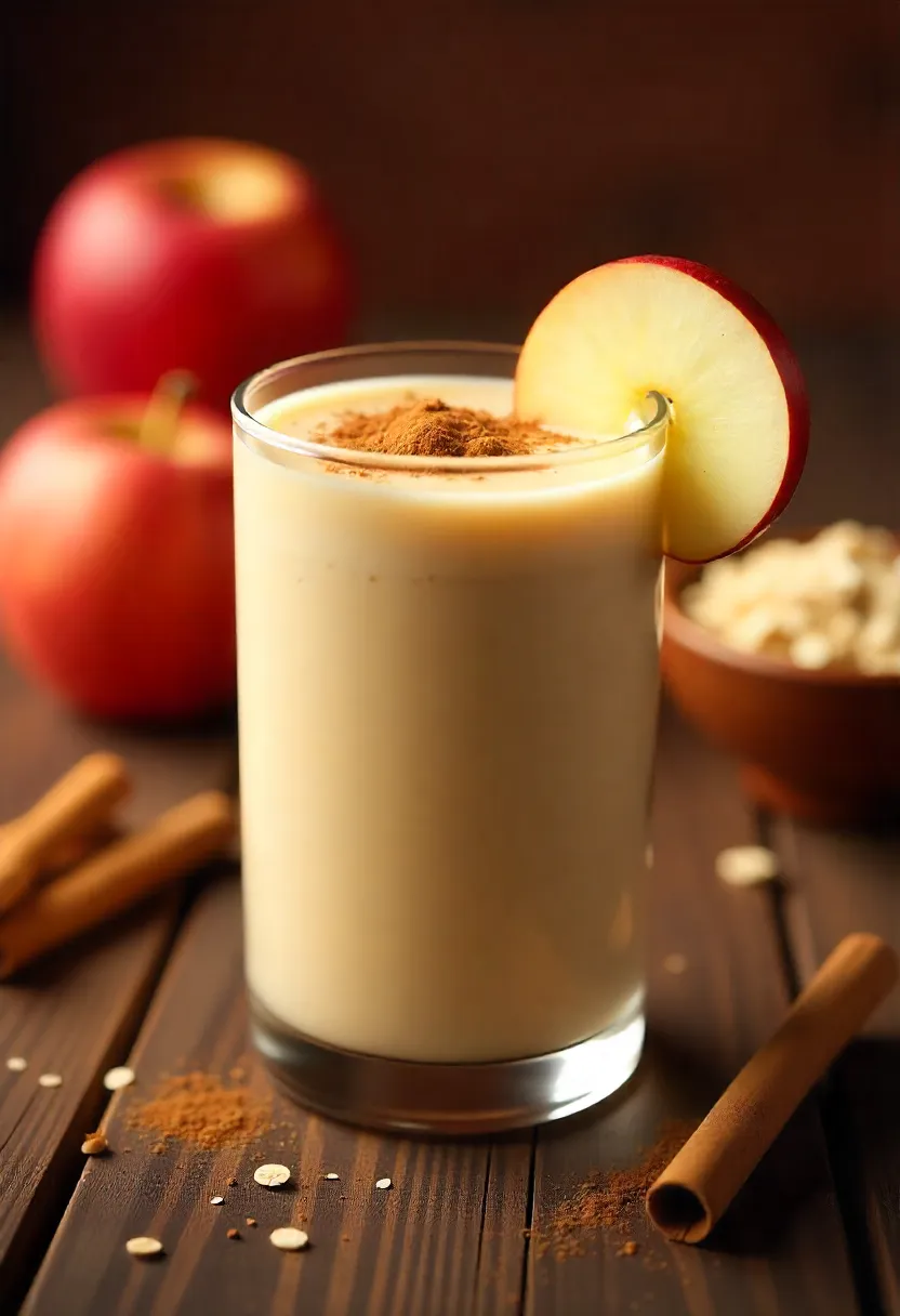 Cinnamon apple pie smoothie in a glass topped with apple slices and cinnamon, styled with fresh apples, oats, and cinnamon sticks.