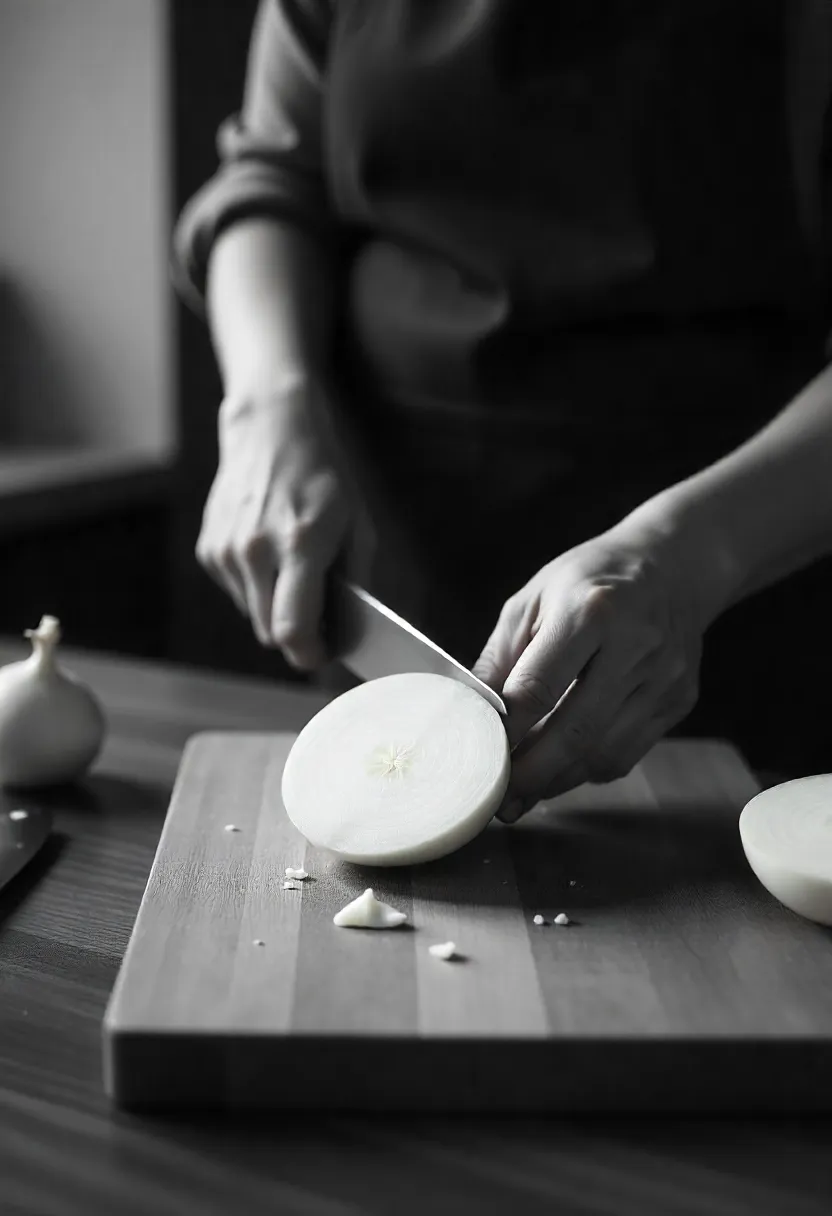 Realistic photo of a cook chopping a chilled onion without tears, testing the cold onion hack.