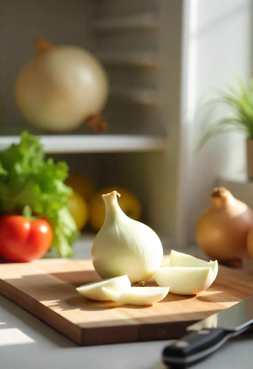 Realistic photo of chilled onions stored in a fridge and sliced on a cutting board to prevent tears.