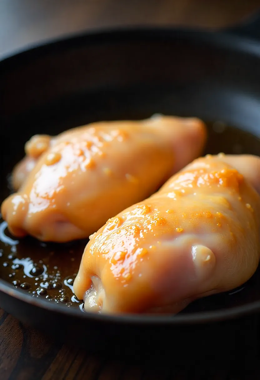 Raw chicken thighs skin-side down in a cold skillet at the start of cooking.