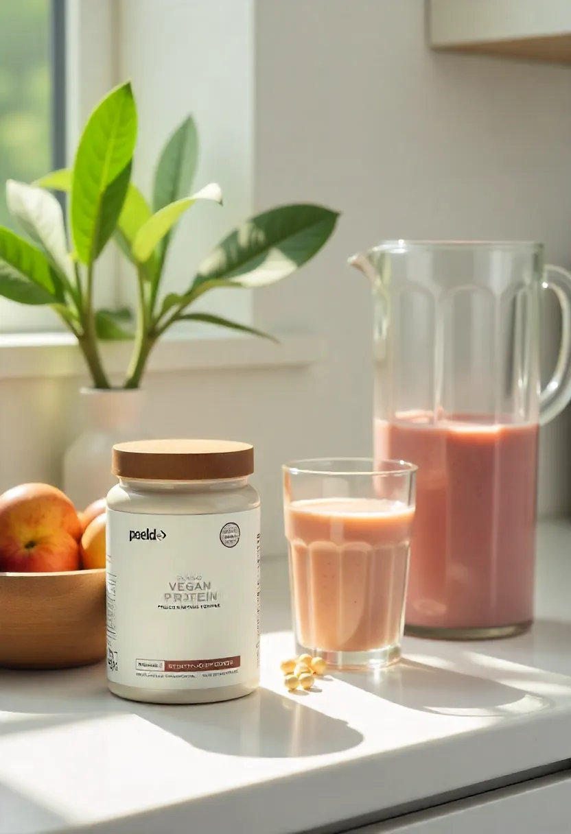 Vegan protein and collagen jars on a kitchen counter with fruits and a smoothie, showing simple consistent health habits.