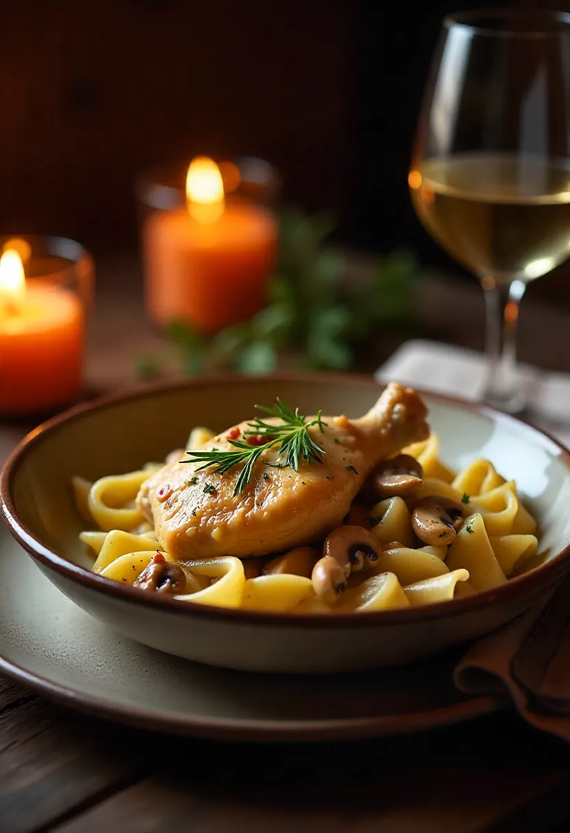 Coq au Vin Blanc with chicken, mushrooms, and bacon in white wine sauce, served with noodles and white wine in a romantic French-style setting.