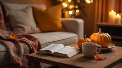 Cozy autumn living room with plaid blanket, candles, pumpkins, and a warm drink on a table, creating a comforting fall home atmosphere.