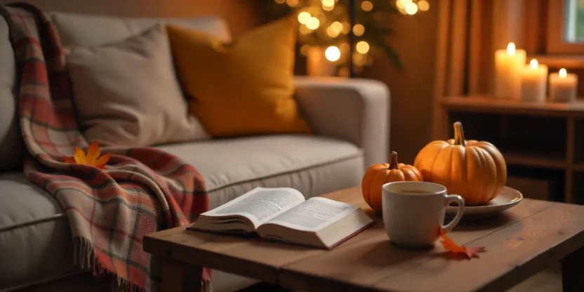 Cozy autumn living room with plaid blanket, candles, pumpkins, and a warm drink on a table, creating a comforting fall home atmosphere.