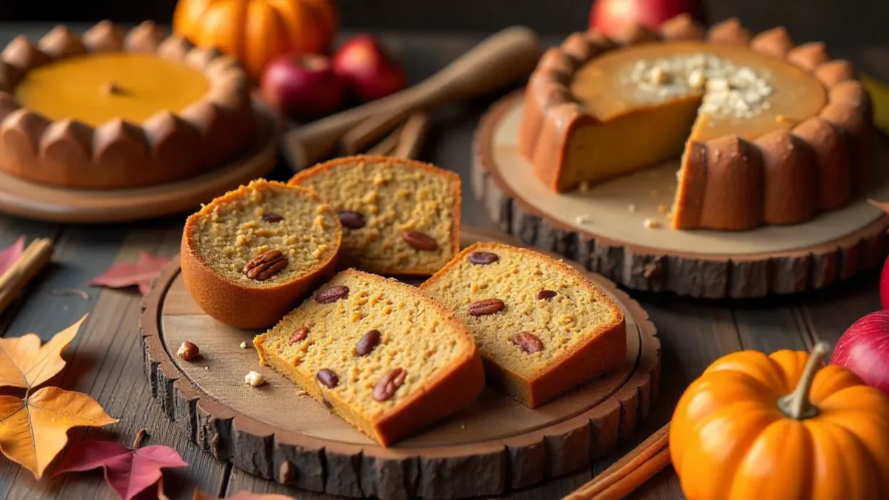 Rustic fall baking spread with pumpkin bread, apple pie, spiced bundt cake, and maple walnut muffins on a wooden table with pumpkins and autumn leaves.