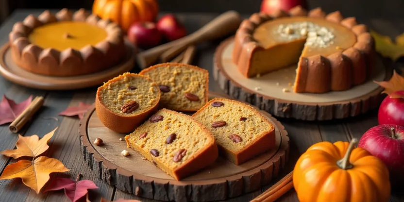 Rustic fall baking spread with pumpkin bread, apple pie, spiced bundt cake, and maple walnut muffins on a wooden table with pumpkins and autumn leaves.