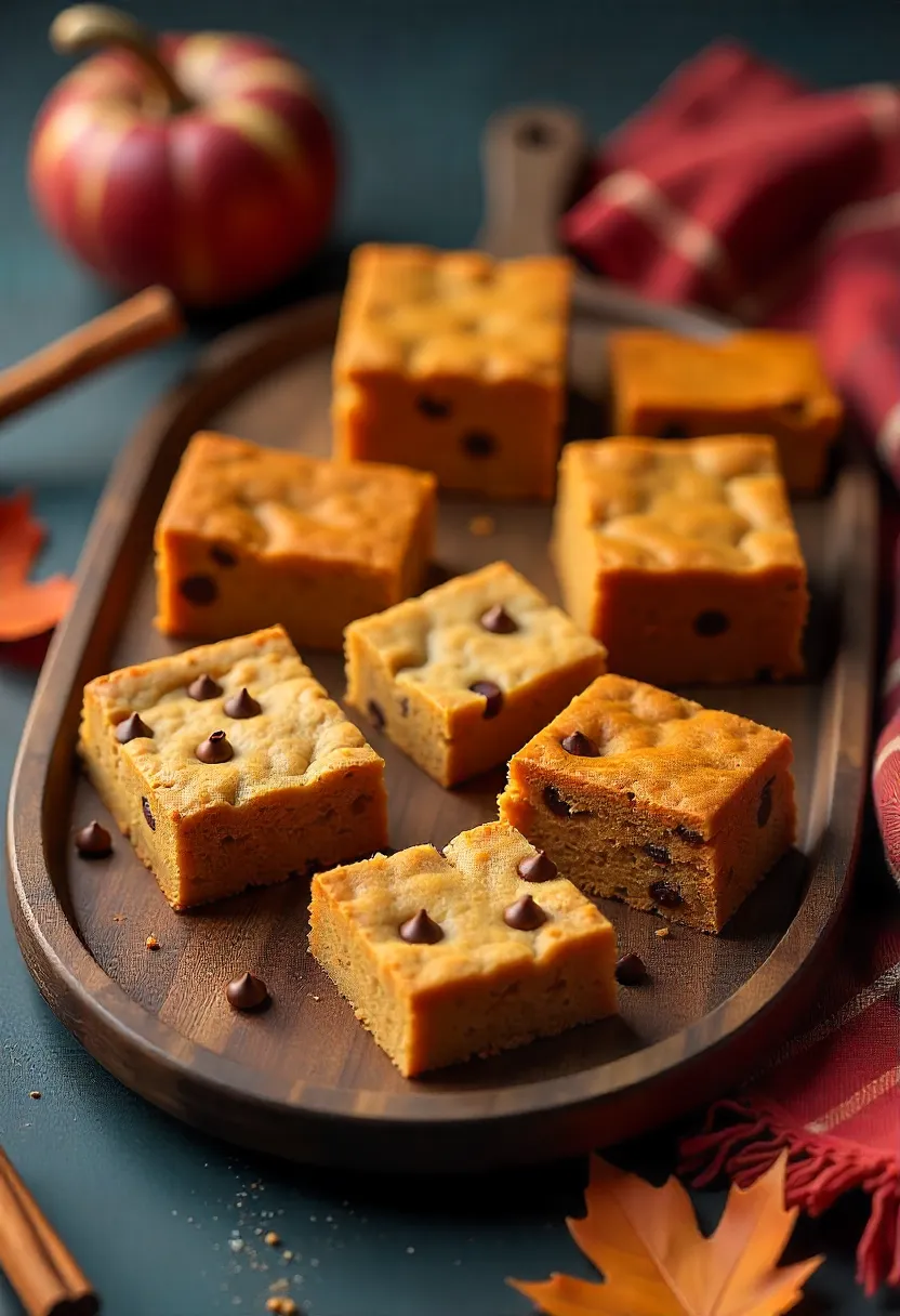 Assortment of fall cookies and bars, including pumpkin cookies, apple cider blondies, and maple pecan bars on a rustic tray with autumn decor.